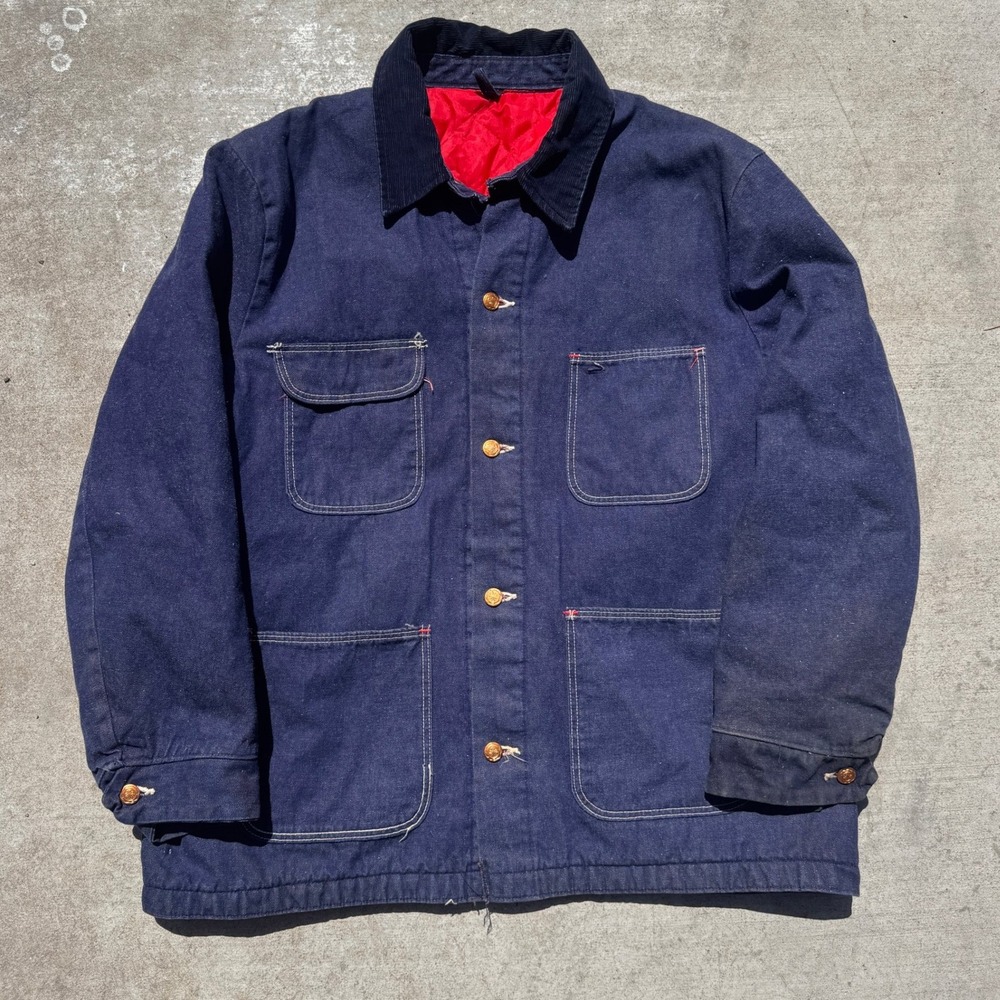 Vintage 70s Blue Bell Denim Chore Coat Quilted Red Lining Corduroy Collar USA